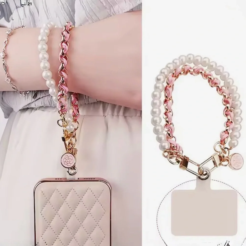 Elegant Pearl‎ and Pink Phone Chain Lanyard Bracelet